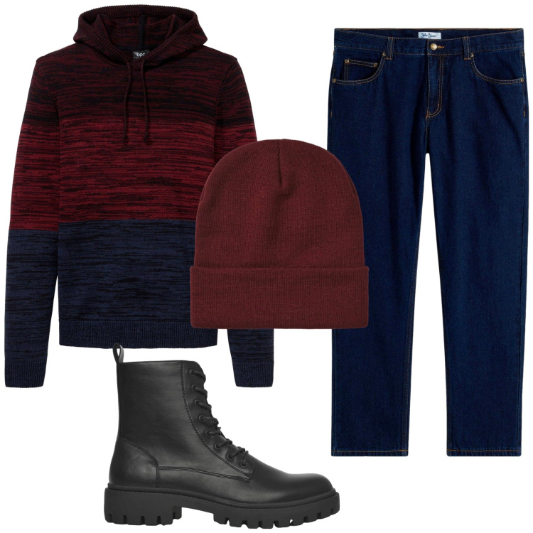 Outfit uomo - Total look #2346113. Stile Casual per Tutti i giorni. Abbinamento con jeans dritti, maglieria, anfibi, berretti.