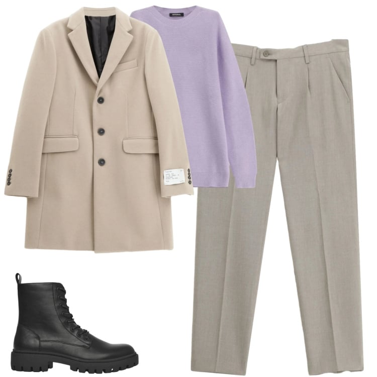 Outfit uomo - City. Stile Urban per Tutti i giorni. Abbinamento con anfibi, cappotti, pantaloni, maglieria.