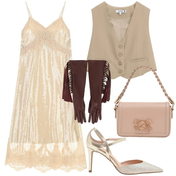 Outfit donna - cerimonia con guanti. Stile Romantica per Cerimonia. Abbinamento con vestiti midi/longuette, guanti, gilet, décolleté, pochette.