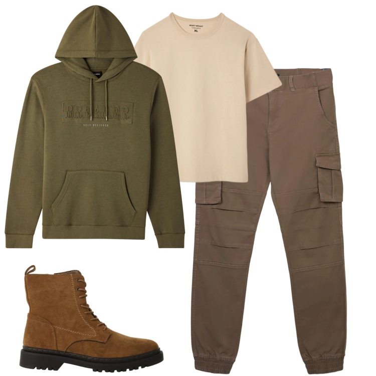 Outfit uomo - Weekend. Stile Casual per Tutti i giorni. Abbinamento con pantaloni cargo, felpe con cappuccio, t-shirt, anfibi.