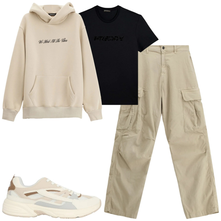 Outfit uomo - Total look #2346161. Stile Casual per Tutti i giorni. Abbinamento con pantaloni cargo, felpe con cappuccio, sneakers, t-shirt.