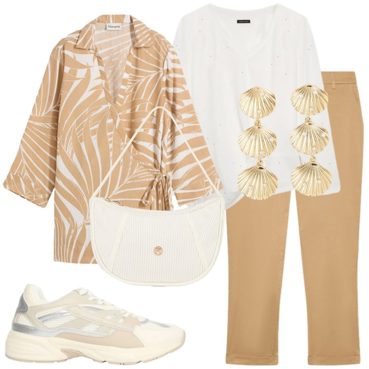 Outfit donna - Curvy in viaggio. Stile Casual chic per Ufficio. Abbinamento con bluse, sneakers, orecchini, t-shirt, pantaloni chino, borse a mano.