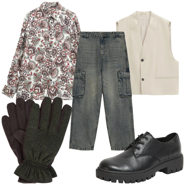 Outfit uomo - Total look #2346235. Stile Trendy per Tutti i giorni. Abbinamento con camicie, gilet, scarpe stringate, jeans, guanti.