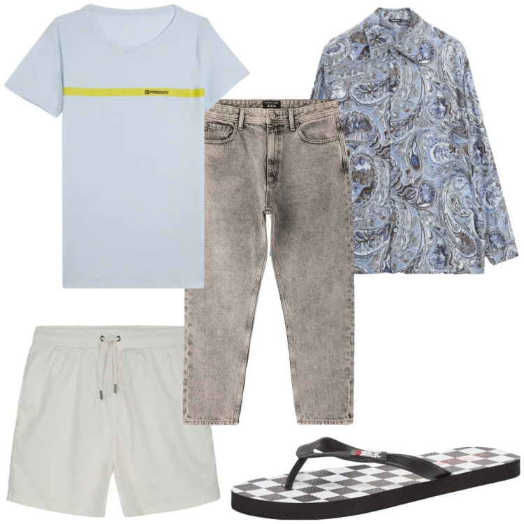 Outfit uomo - Total look #2346275. Stile Trendy per Mare. Abbinamento con sandali, jeans dritti, camicie, t-shirt, costumi.