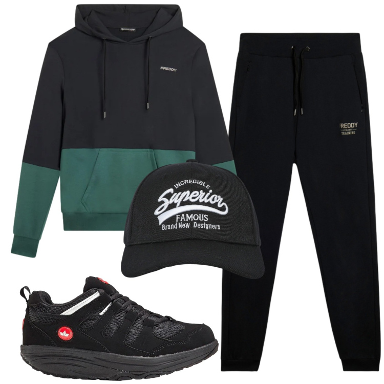 Outfit uomo - Total look #2346282. Stile Casual per Sport. Abbinamento con sneakers, cappelli con visiera, felpe con cappuccio, pantaloni.