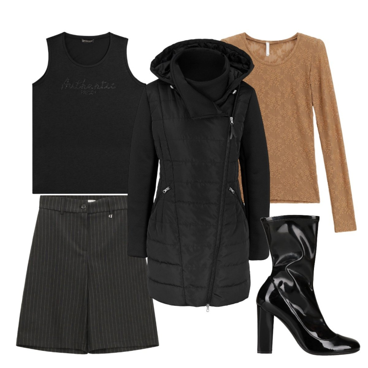 Outfit donna - E’ ancora inverno. Stile Basic per Serata fuori. Abbinamento con stivaletti, blazer, bluse, bermuda, canottiere.