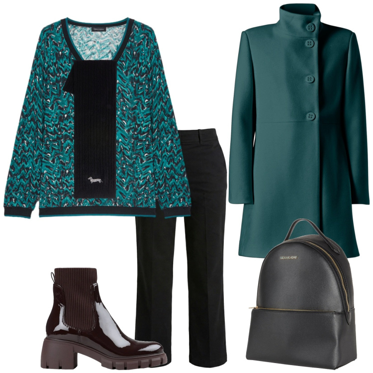 Outfit donna - Routine elegante. Stile Casual chic per Ufficio. Abbinamento con zaini, stivaletti, pantaloni, sciarpe, maglieria, cappotti.