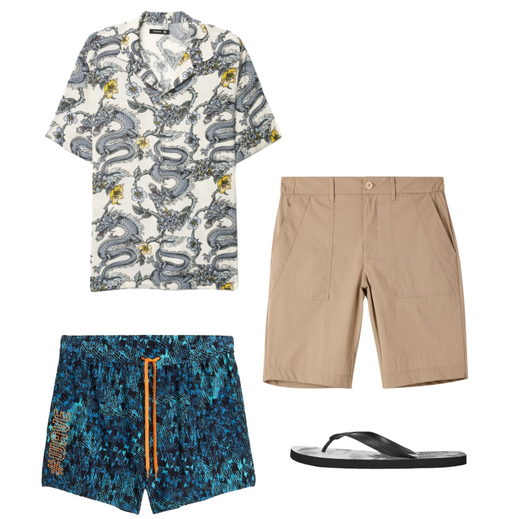 Outfit uomo - Look Tropicale con Grafiche Urban. Stile Casual per Mare. Abbinamento con costumi, sandali, pantaloni corti, camicie a manica corta.