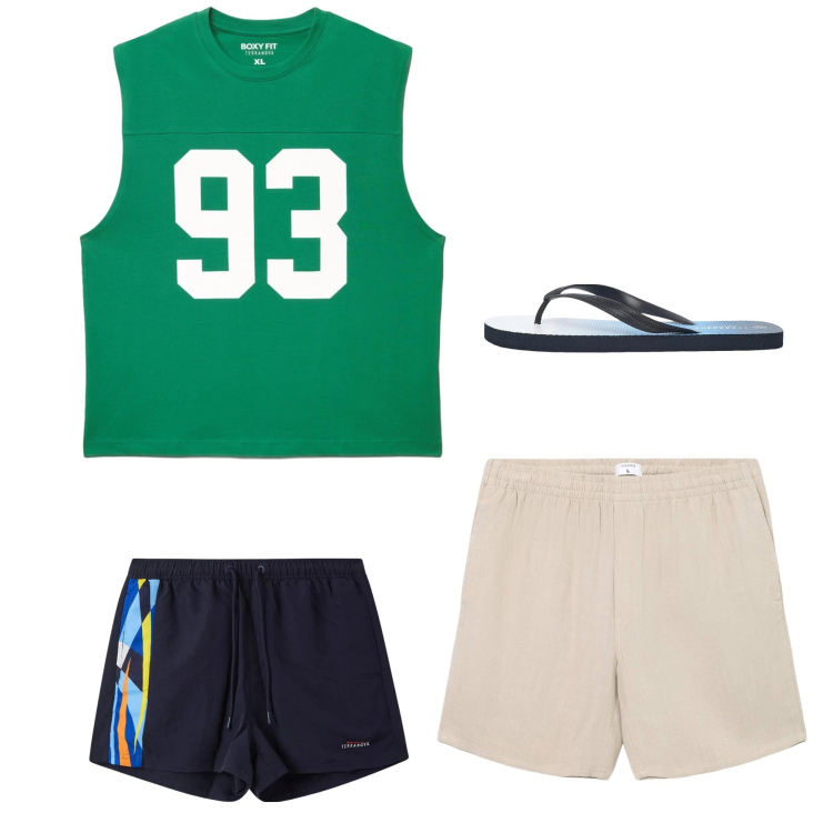 Outfit uomo - Varsity Summer. Stile Casual per Mare. Abbinamento con sandali, pantaloni corti, costumi, canottiere.
