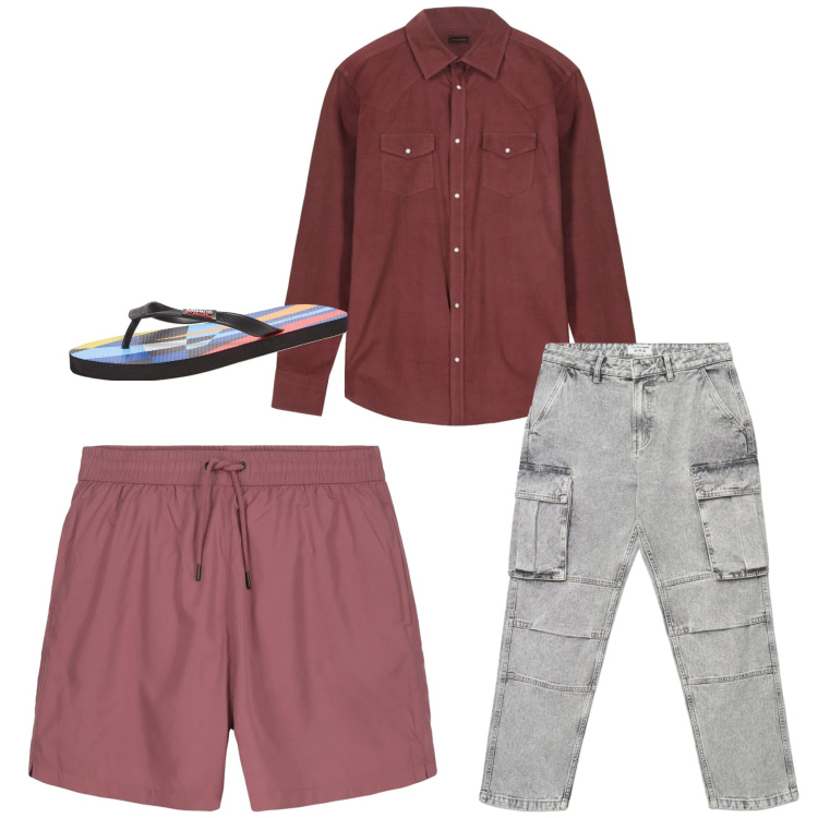 Outfit uomo - Stile Utility dai Toni Caldi. Stile Casual per Mare. Abbinamento con sandali, jeans, costumi, camicie.