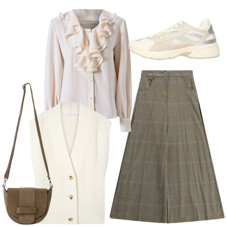 Outfit donna - La rouche avorio. Stile Bon Ton per Tutti i giorni. Abbinamento con gilet, sneakers, pantaloni a palazzo, borse a tracolla, bluse.