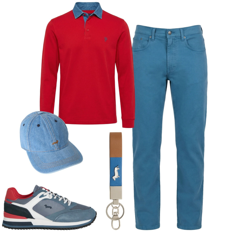 Outfit uomo - City. Stile Urban per Tutti i giorni. Abbinamento con sneakers, polo, pantaloni, cappelli, portachiavi.