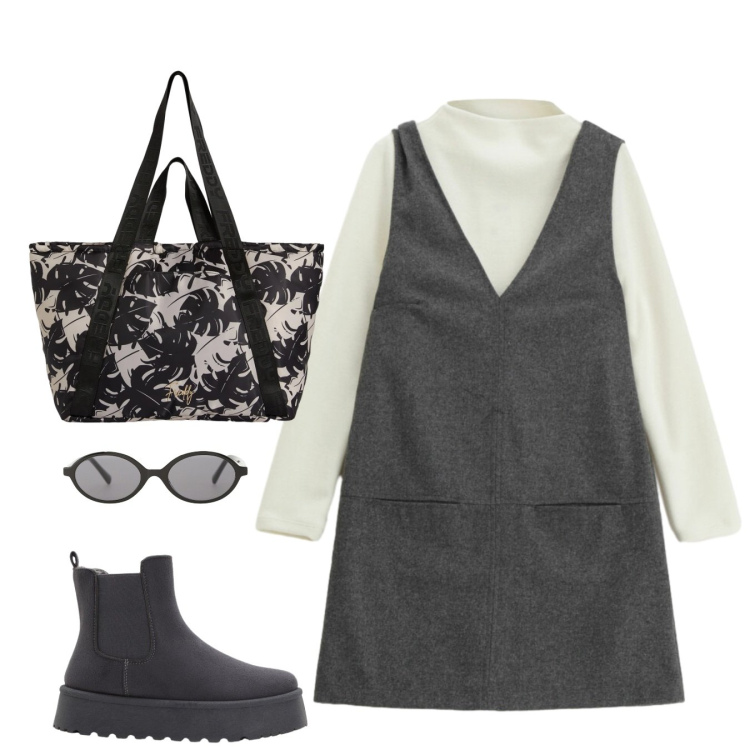 Outfit donna - Total look comodo. Stile Bon Ton per Tutti i giorni. Abbinamento con stivaletti chelsea, occhiali da sole, vestiti corti, shopping bag.