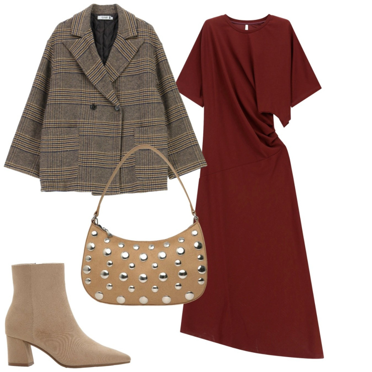 Outfit donna - Drappeggio e blazer. Stile Bon Ton per Tutti i giorni. Abbinamento con stivaletti, borse a tracolla, vestiti lunghi, cappotti.