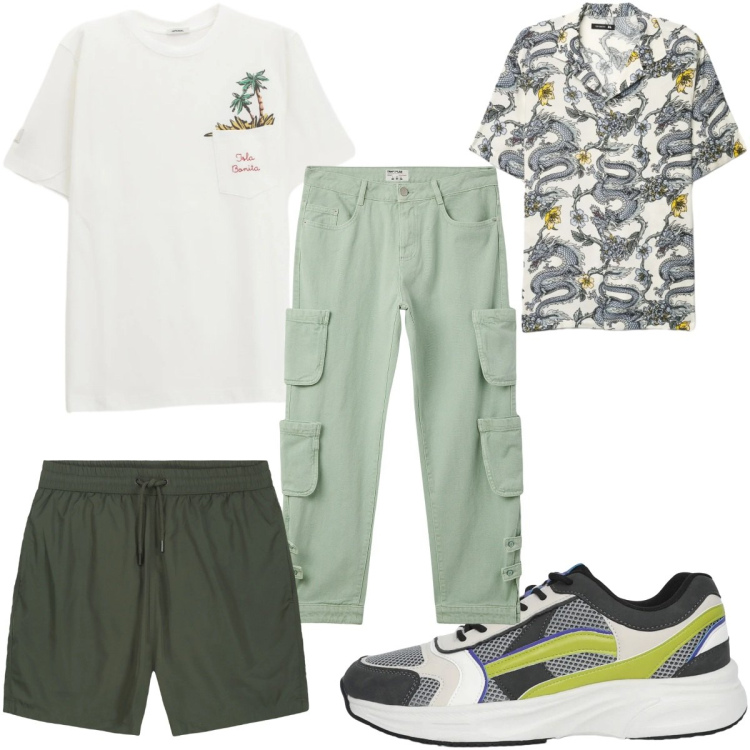 Outfit uomo - Total look #2346336. Stile Trendy per Mare. Abbinamento con t-shirt, jeans, sneakers, camicie a manica corta, costumi.