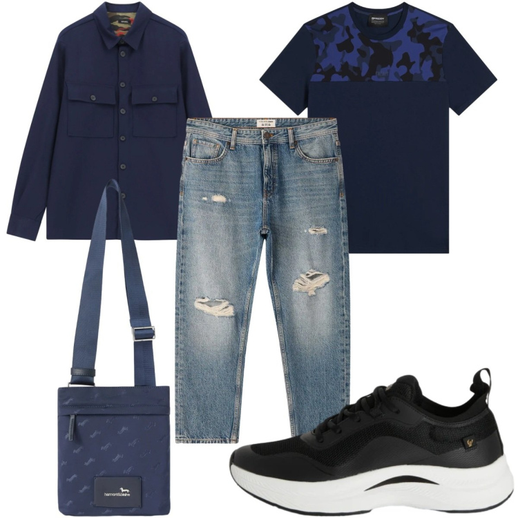Outfit uomo - Total look #2346339. Stile Trendy per Tutti i giorni. Abbinamento con borse sportive, camicie, jeans strappati, sneakers, t-shirt.