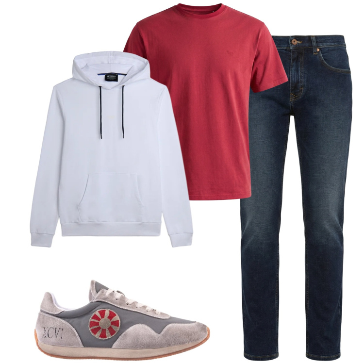 Outfit uomo - City. Stile Casual per Tutti i giorni. Abbinamento con jeans, t-shirt, felpe con cappuccio, sneakers.