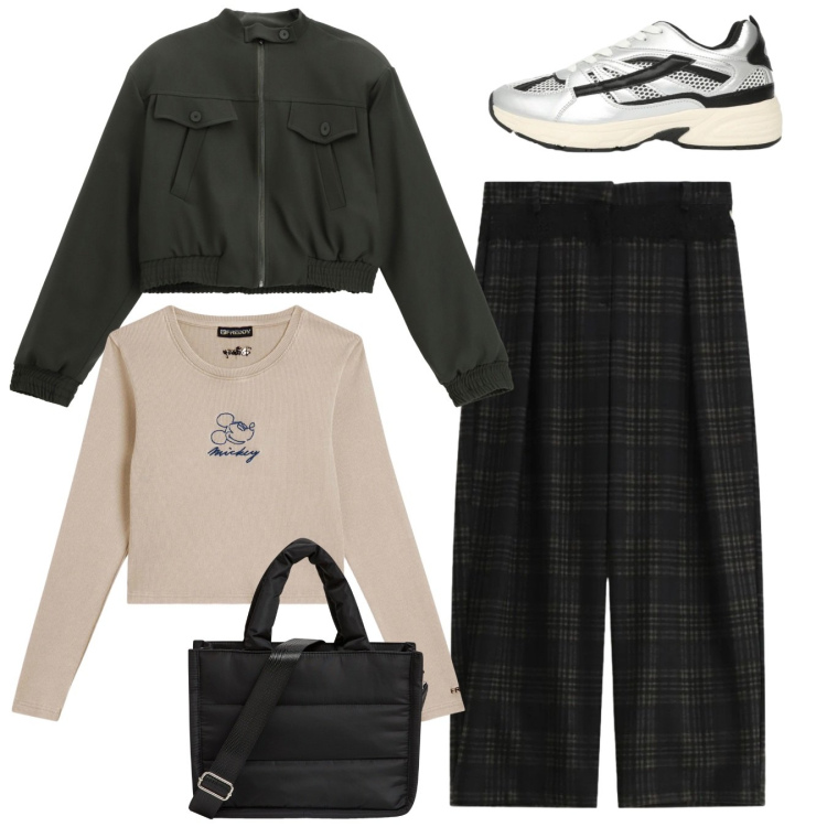 Outfit donna - Total look. Stile Casual per Tutti i giorni. Abbinamento con shopping bag, sneakers, pantaloni a palazzo, bomber, t-shirt.