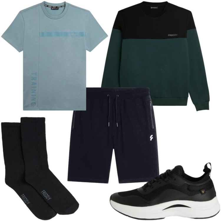Outfit uomo - Total look #2346342. Stile Trendy per Sport. Abbinamento con sneakers, calzini, t-shirt, felpe, shorts.