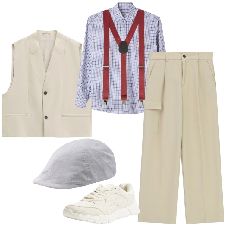 Outfit uomo - Total look #2346347. Stile Trendy per Serata speciale. Abbinamento con gilet, pantaloni cargo, sneakers, camicie, bretelle, cappelli con visiera.