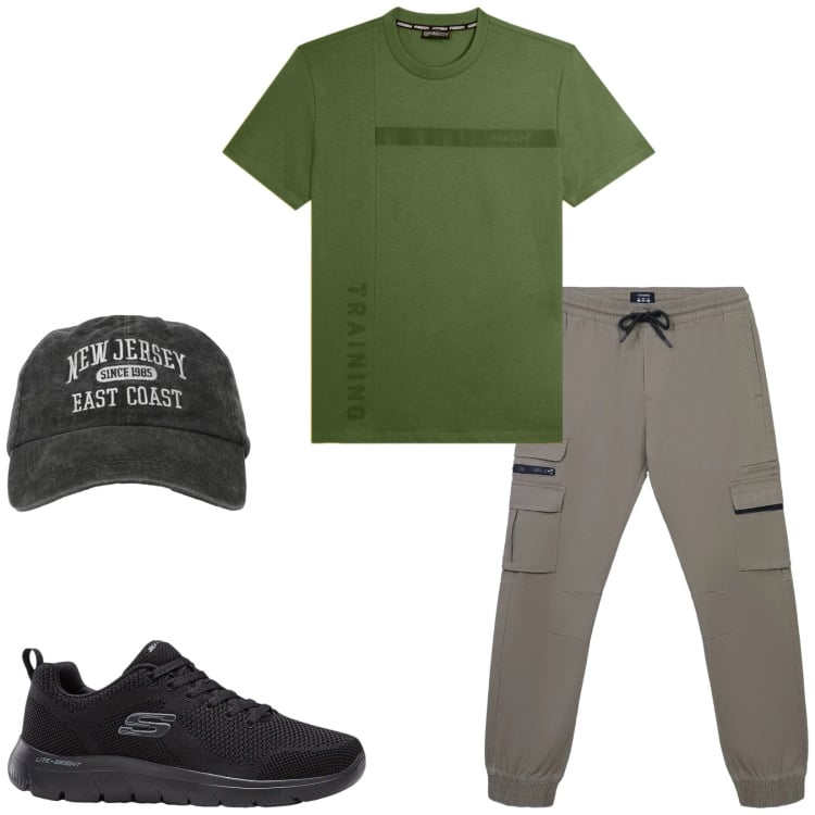 Outfit uomo - Total look #2346349. Stile Urban per Sport. Abbinamento con sneakers, cappelli con visiera, pantaloni cargo, t-shirt.