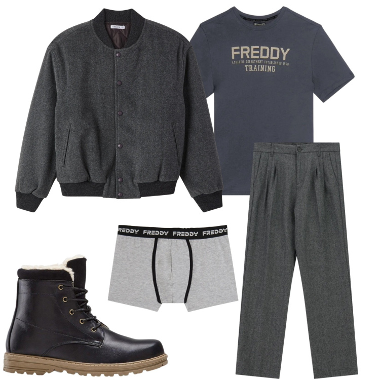 Outfit uomo - Total look #2346354. Stile Trendy per Tutti i giorni. Abbinamento con stivali e stivaletti, pantaloni, bomber, t-shirt, boxer.