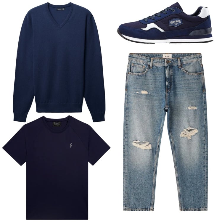 Outfit uomo - Total look. Stile Casual per Tutti i giorni. Abbinamento con sneakers, maglieria, jeans strappati, t-shirt.
