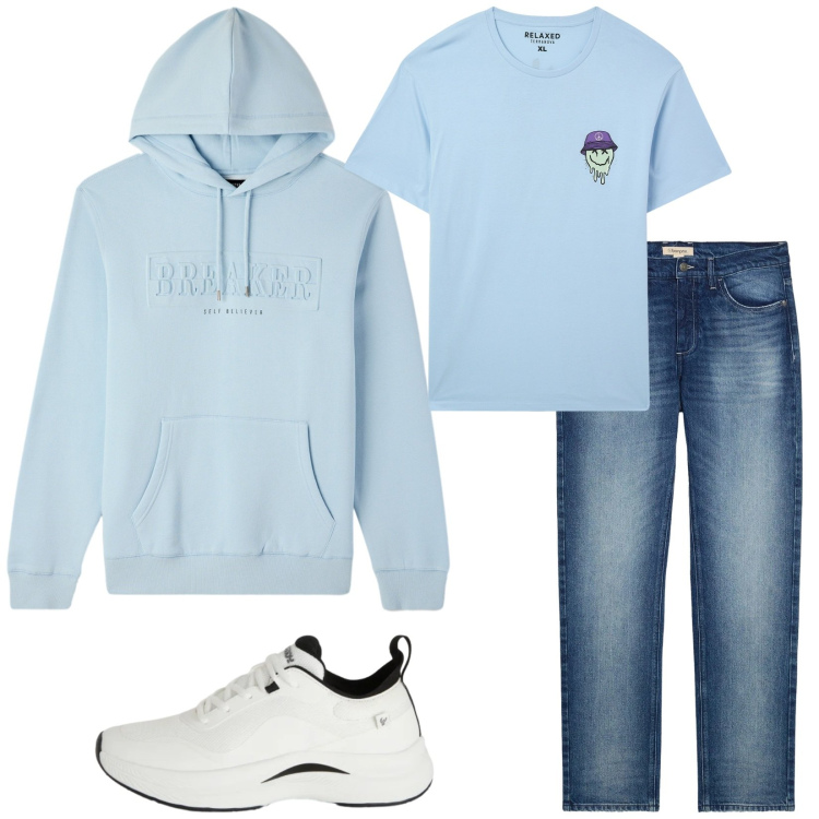 Outfit uomo - Total look #2346356. Stile Casual per Tutti i giorni. Abbinamento con jeans dritti, t-shirt, felpe con cappuccio, sneakers.