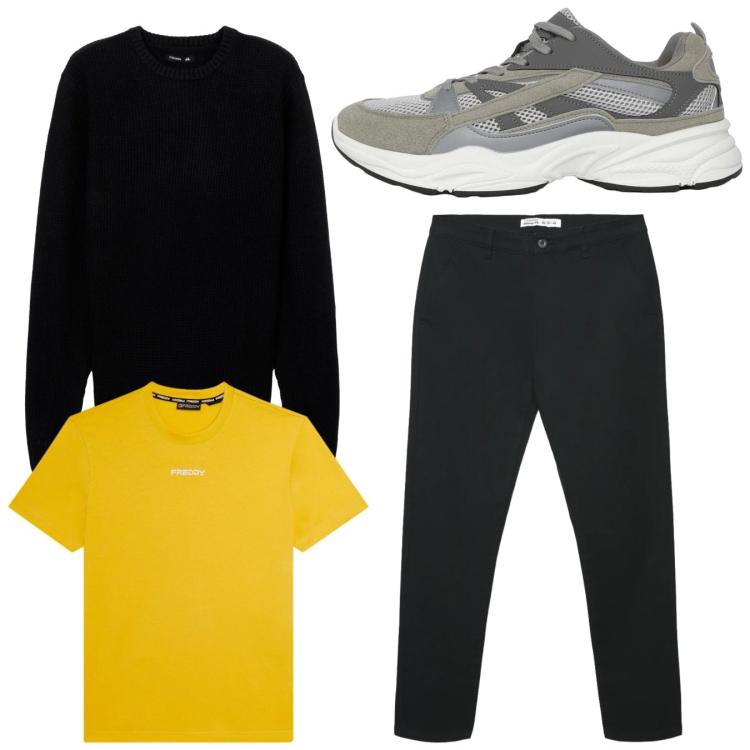 Outfit uomo - Total look. Stile Casual per Tutti i giorni. Abbinamento con sneakers, maglieria, pantaloni chino, t-shirt.