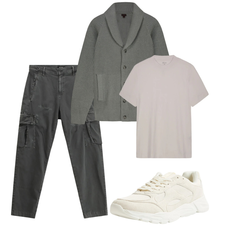Outfit uomo - City. Stile Casual per Tutti i giorni. Abbinamento con pantaloni cargo, sneakers, cardigans, t-shirt.