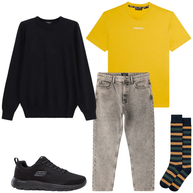Outfit uomo - Total look #2346360. Stile Trendy per Tutti i giorni. Abbinamento con sneakers, maglieria, jeans dritti, t-shirt, calzini.