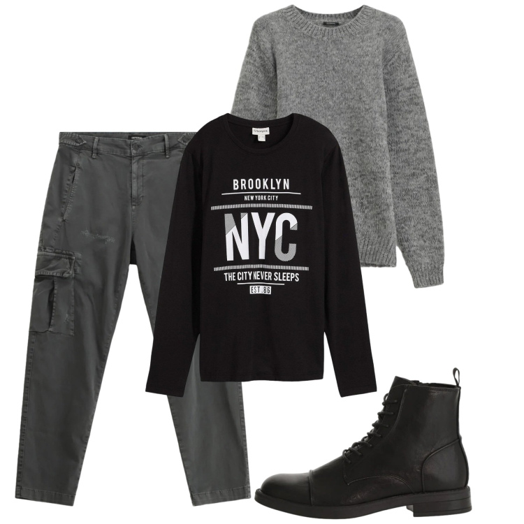 Outfit uomo - City. Stile Casual per Tutti i giorni. Abbinamento con maglieria, pantaloni cargo, maglieria, anfibi.