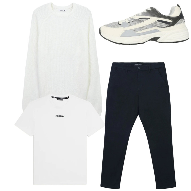 Outfit uomo - Total look #2346365. Stile Casual per Tutti i giorni. Abbinamento con pantaloni chino, maglieria, sneakers, t-shirt.