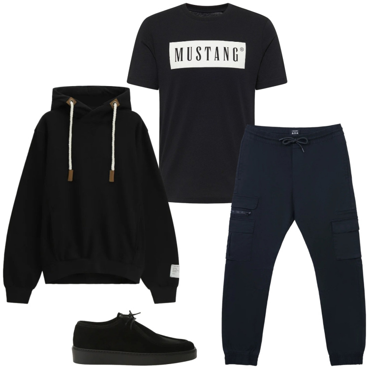 Outfit uomo - Total look #2346368. Stile Trendy per Tutti i giorni. Abbinamento con t-shirt, felpe con cappuccio, scarpe stringate, pantaloni cargo.