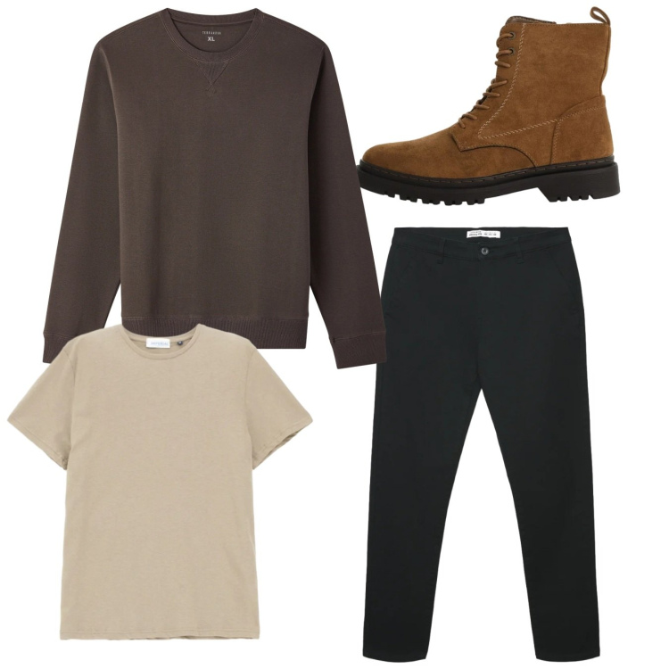 Outfit uomo - Total look #2346371. Stile Casual per Tutti i giorni. Abbinamento con anfibi, t-shirt, felpe, pantaloni chino.