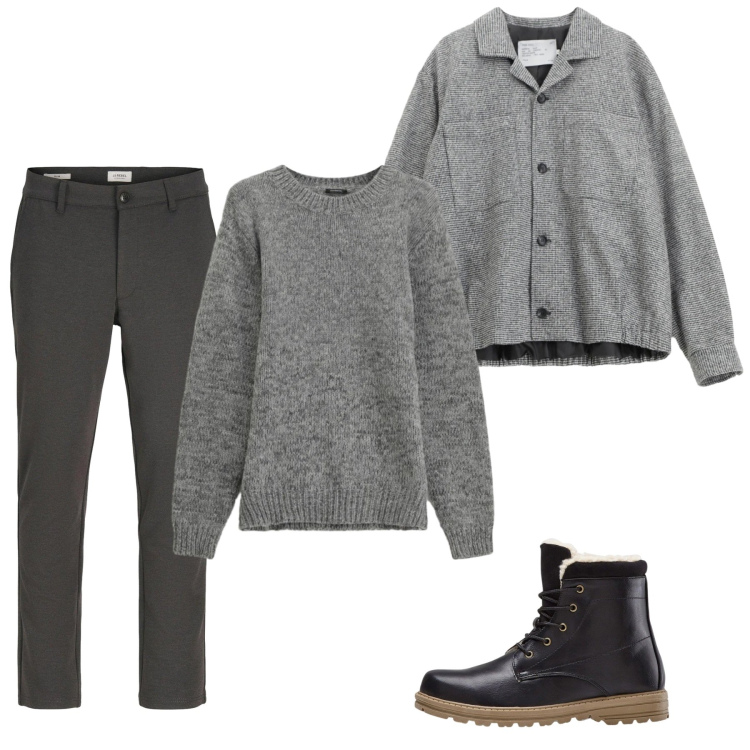 Outfit uomo - City. Stile Casual per Tutti i giorni. Abbinamento con stivali e stivaletti, pantaloni chino, maglieria, cappotti.