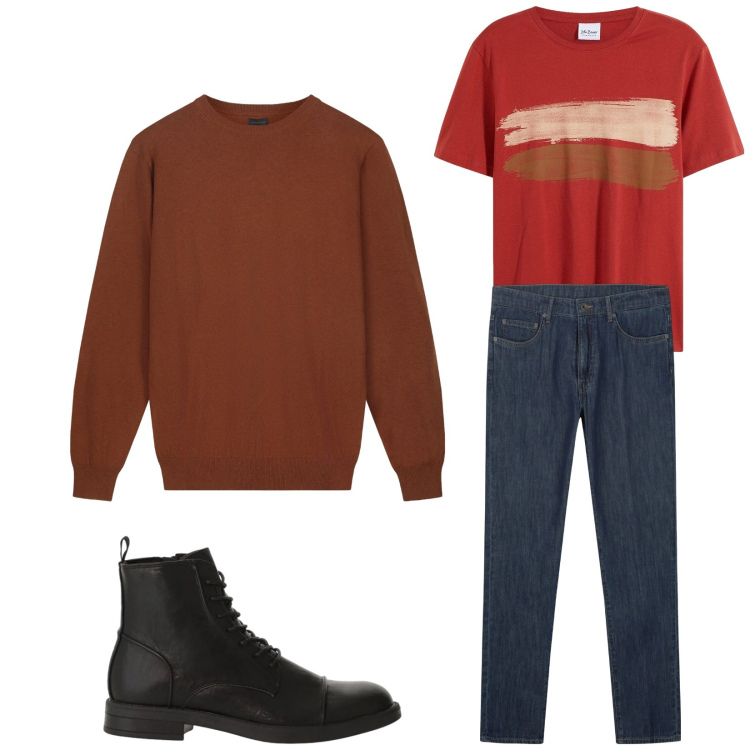 Outfit uomo - Total look #2346374. Stile Trendy per Tutti i giorni. Abbinamento con t-shirt, anfibi, jeans, maglieria.