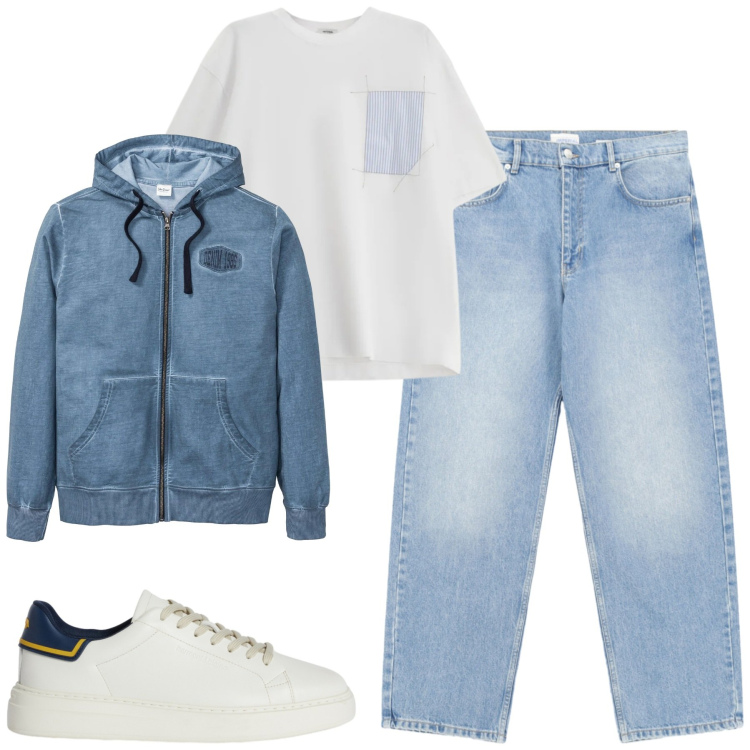 Outfit uomo - City. Stile Casual per Tutti i giorni. Abbinamento con felpe con cappuccio, sneakers, t-shirt, jeans.