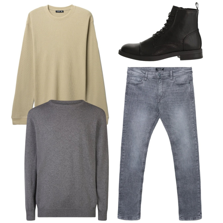 Outfit uomo - Total look #2346376. Stile Casual per Tutti i giorni. Abbinamento con maglieria, jeans skinny, anfibi, maglieria.