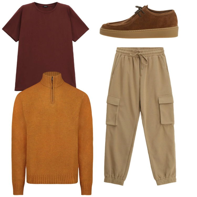 Outfit uomo - City. Stile Casual per Tutti i giorni. Abbinamento con t-shirt, pantaloni cargo, scarpe stringate, maglieria.