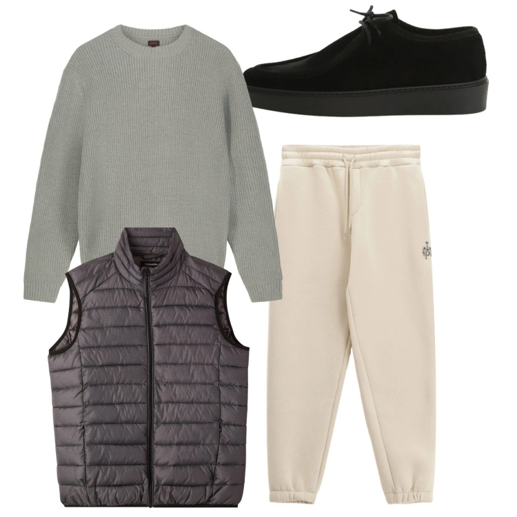 Outfit uomo - City. Stile Casual per Tutti i giorni. Abbinamento con pantaloni, scarpe stringate, piumini, maglieria.