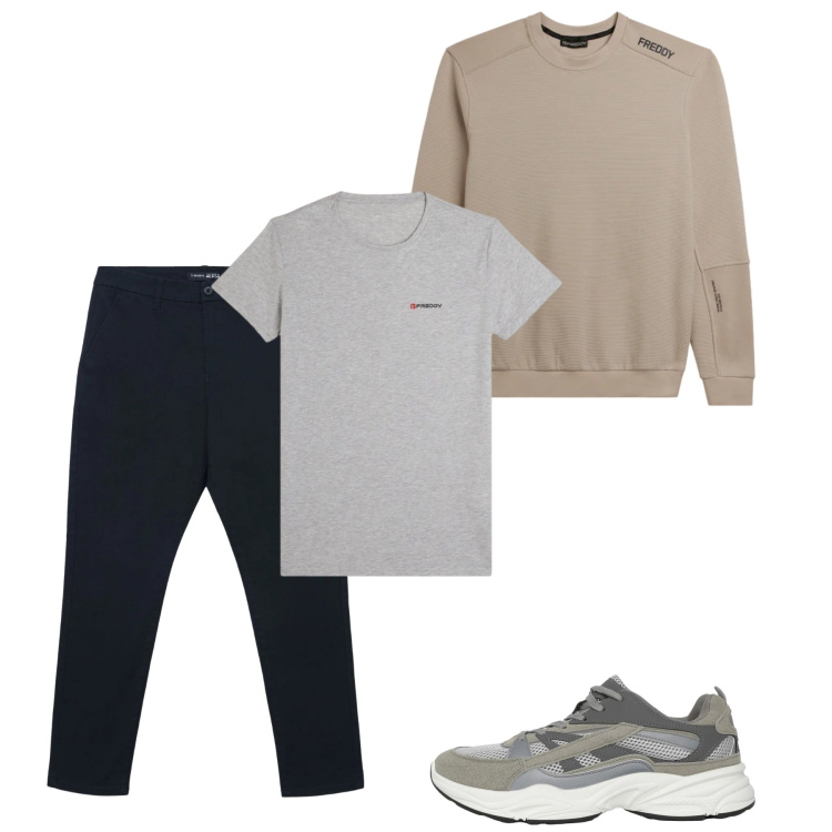 Outfit uomo - City. Stile Casual per Tutti i giorni. Abbinamento con sneakers, pantaloni chino, felpe, t-shirt sportive.