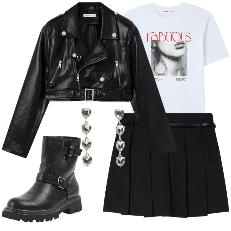 Outfit donna - Micro spesa massima resa. Stile Rock per Scuola/Università. Abbinamento con stivaletti, t-shirt, minigonne, giacche, orecchini.