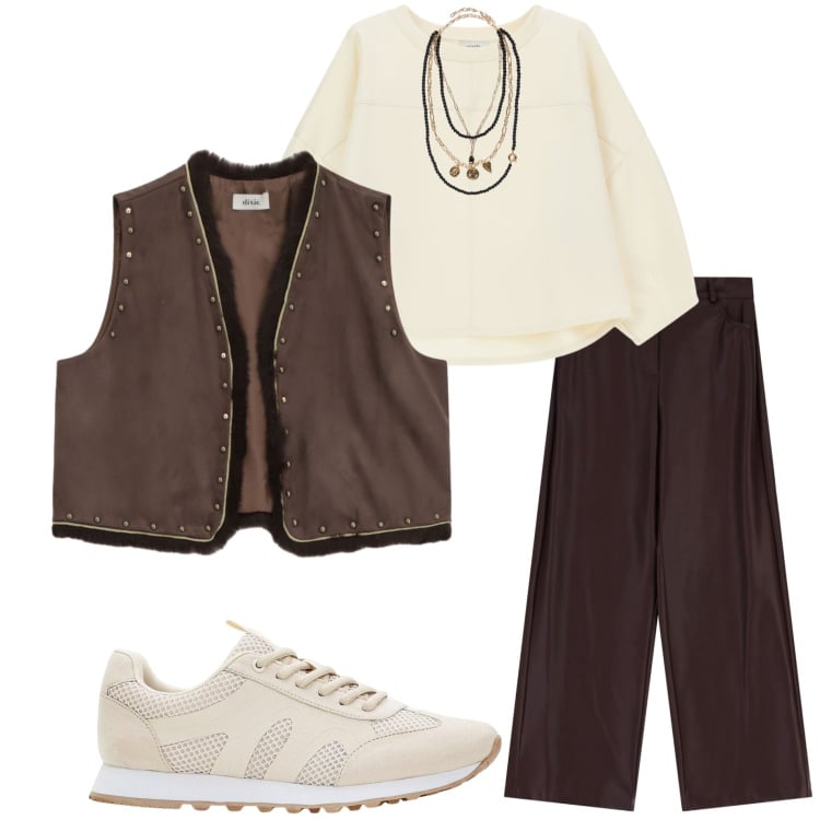 Outfit donna - Giornata di sole. Stile Casual chic per Tutti i giorni. Abbinamento con sneakers, collane, gilet, pantaloni a palazzo, maglieria.