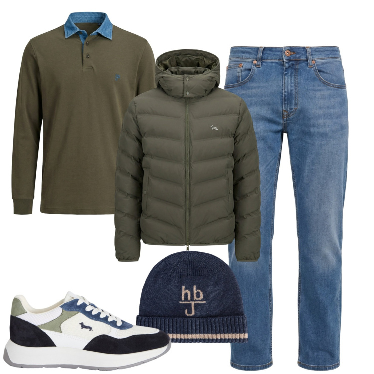 Outfit uomo - City. Stile Casual per Tutti i giorni. Abbinamento con polo, jeans, piumini, sneakers, cappelli.