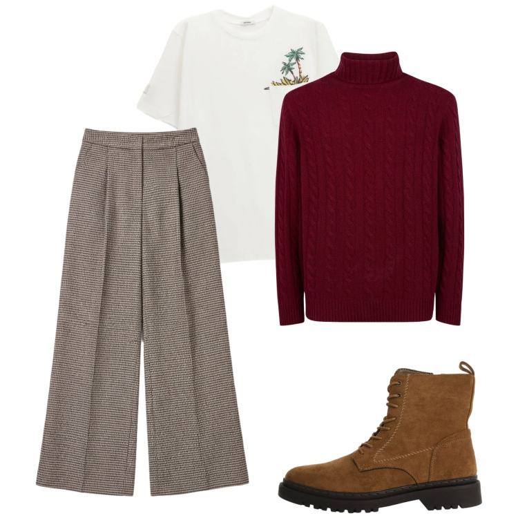 Outfit uomo - City. Stile Trendy per Tutti i giorni. Abbinamento con t-shirt, anfibi, pantaloni a palazzo, maglieria.