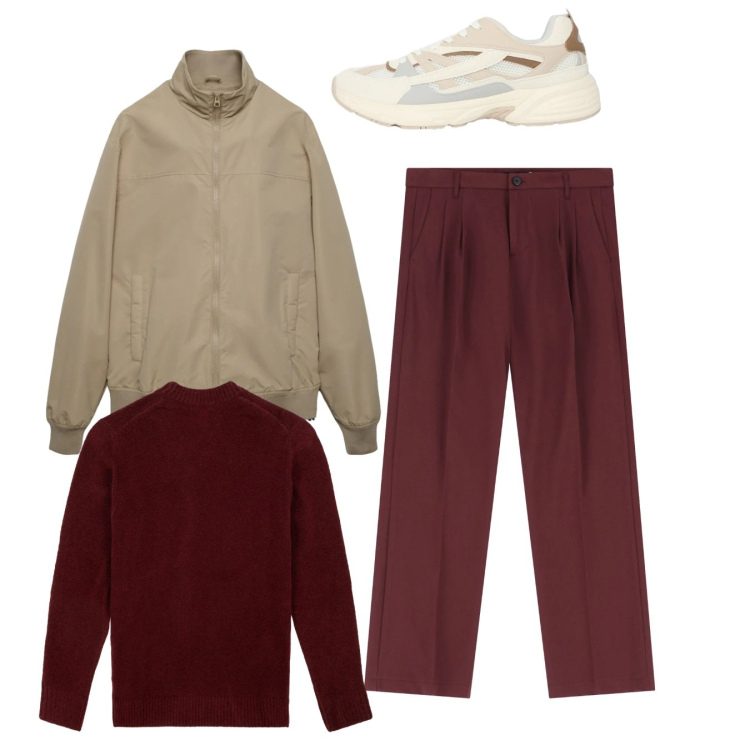 Outfit uomo - City. Stile Casual per Tutti i giorni. Abbinamento con pantaloni, sneakers, bomber, maglieria.