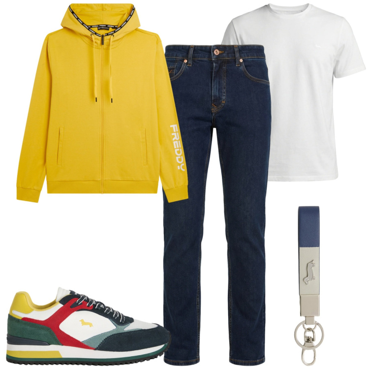Outfit uomo - Febbraio. Stile Casual per Tutti i giorni. Abbinamento con t-shirt, jeans, sneakers, portachiavi, felpe con cappuccio.