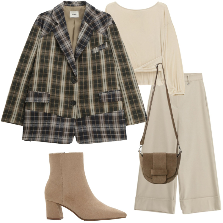 Outfit donna - Ultime occasioni Dixie. Stile Casual chic per Tutti i giorni. Abbinamento con stivaletti, pantaloni a palazzo, top, blazer, borse a tracolla.