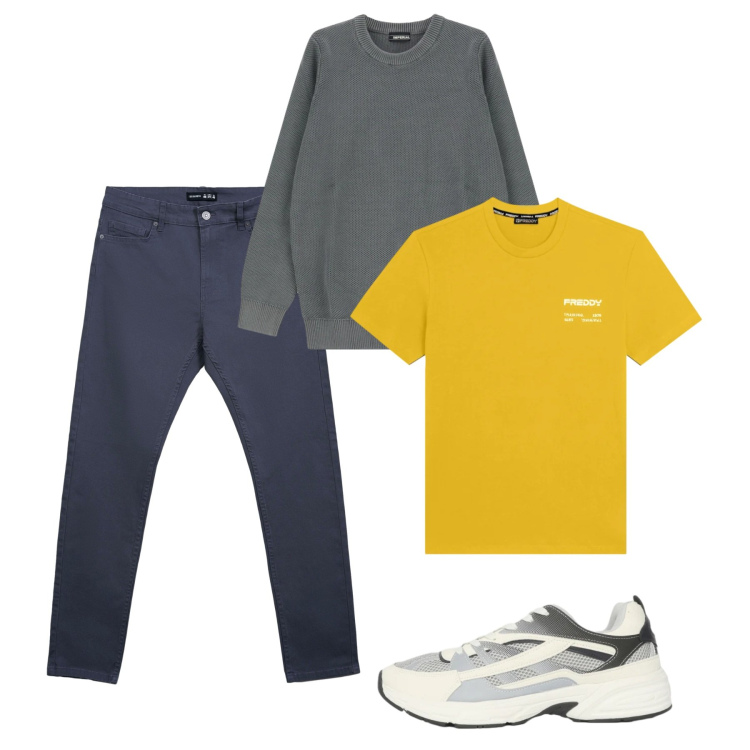 Outfit uomo - City. Stile Casual per Tutti i giorni. Abbinamento con pullovers, pantaloni skinny, sneakers, t-shirt.